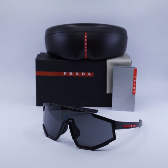 Prada Sport PS04WSF DG006F Sunglasses Black Rubber Shield Frame, Grey Lenses - Picture 10 of 10